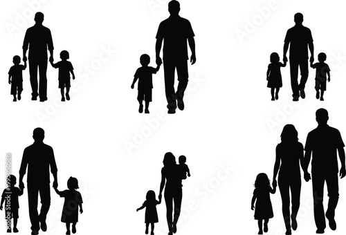 Set of isolated black silhouettes featuring happy families with parents and children walking together, holding hands, and carrying toddlers for lifestyle and parenting designs.