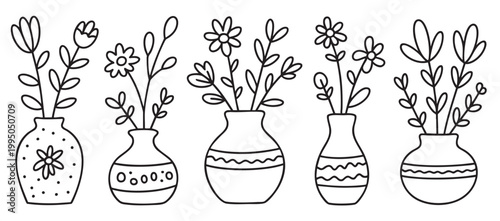 Hand drawn ceramic vase collection with blooming flowers in elegant doodle outline. Modern decorative flower pots and patterned vases.