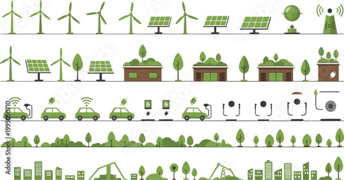 Renewable energy and smart transportation vector scene with wind turbines solar panels electric vehicles and green city landscape for sustainable development concepts