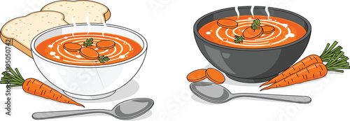 Creamy carrot soup in bowls with bread and fresh carrots, cozy homemade food illustration set, warm healthy meal vector for menu and design