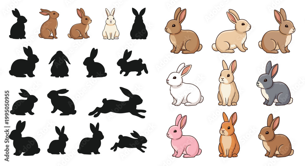 Obraz premium Set of cute cartoon rabbits and bunny silhouettes in different poses, colorful and black shapes, animal character collection for design, icons, and illustration