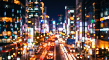 Night cityscape blurred lights bokeh background, modern urban abstract scene, colorful defocused nightlife atmosphere, no logos