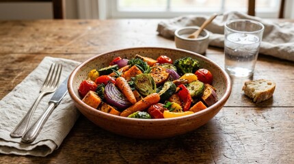 Bowl of roasted vegetables on a table, healthy cooked meal, appetizing plant-based side dish, warm rustic styling, rich textures, natural light, no logos
