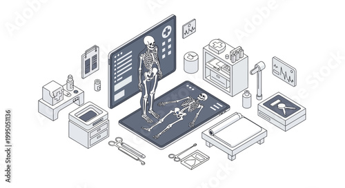 Isometric Medical Illustration of Orthopedic Clinic with Human Skeleton Anatomy and Digital Health Technology Interface