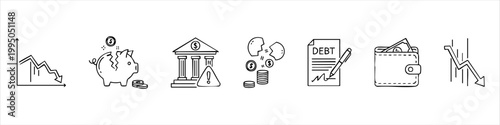 Financial Crisis and Economic Recession Doodle Icon Set Featuring Debt, Bankruptcy, Broken Piggy Bank, and Stock Market Crash Graphs