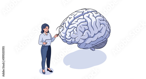 Professional Woman Analyzing Human Brain Anatomy, Neuroscience Research and Education Illustration