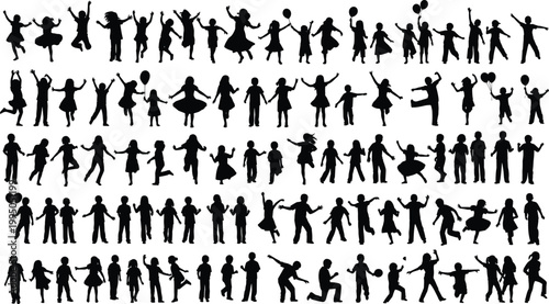 Set of isolated black silhouettes of happy children jumping, playing, and dancing, perfect for school, childhood, and playground design projects.