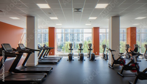 Bilde på lerret A bright, modern fitness center interior featuring rows of treadmills, elliptical machines, and stationary bikes facing large windows with an urban view