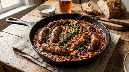 Roasted sausages and baked beans in a cast iron skillet with rosemary, hearty rustic comfort food with rich savory texture and warm home cooking appeal, realistic food photography, no logos