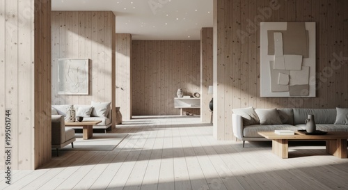 Modern living space interior with wooden walls and sunlight
