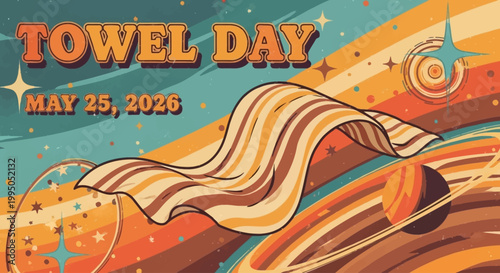 Vintage Towel Day celebration banner with retro wave design and 2026 date isolated on background