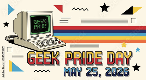 Vintage retro computer with Geek Pride Day banner and colorful celebration elements isolated on background