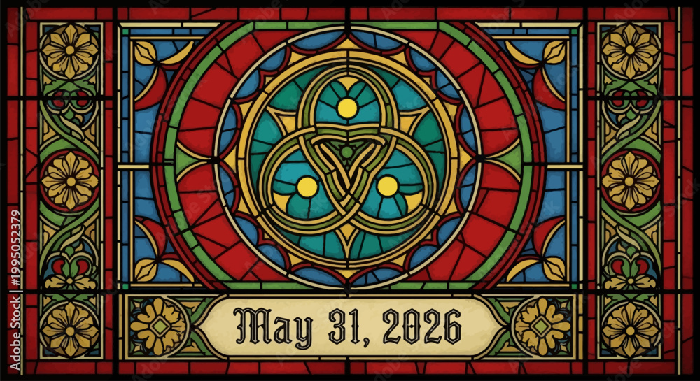 Obraz premium Vintage stained glass window design with celtic knot and date May 31, 2026 isolated on background