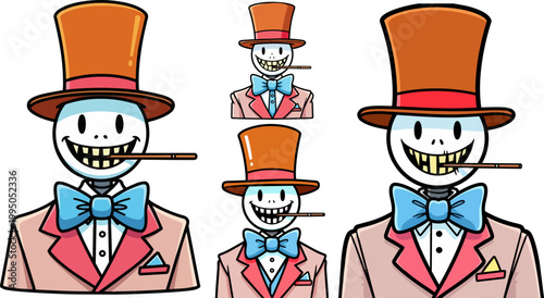 Cartoon skeleton characters, top hat, tuxedo, smiling, vector illustrations, 4 icons
