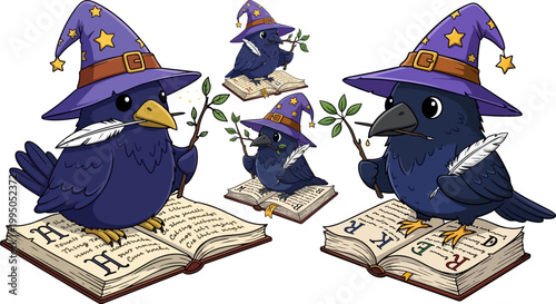 Magic, wizard birds, cartoon crows, spellbooks, purple hats, vector illustrations, mystical creatures, fantasy animals, educational icons