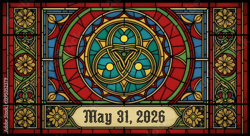 Vintage stained glass window design with celtic knot and date May 31, 2026 isolated on background