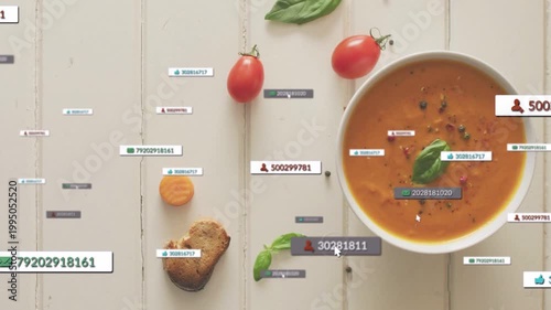 Left-side tags appearing, drifting, clustering over white bowl, cursor marking ID, annotating soup