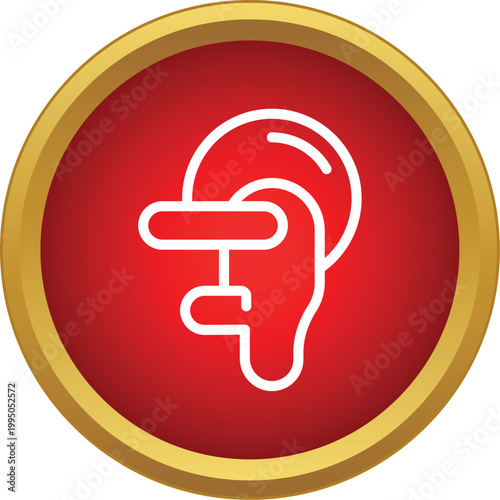 Hearing aid icon on a red button, symbolizing hearing loss assistance and accessibility