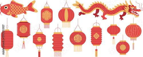 Chinese New Year vector set with red lanterns dragon and koi fish elements for Lunar New Year festival celebration and traditional Asian culture decorations.