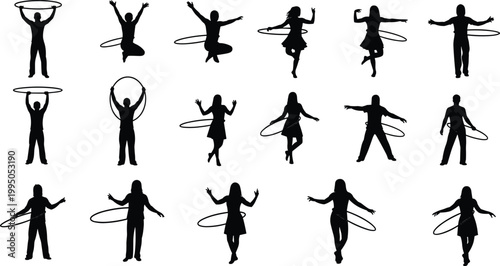 Silhouettes of Men and Women Playing with Hula Hoops in Various Active Poses Isolated on White Background for Fitness and Fun