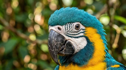 Close up portrait of a blue and yellow macaw face, exotic parrot with vivid feathers and expressive eye detail, tropical bird photography, sharp focus, natural light, no logos