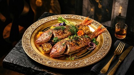 Two red fish on golden plate with sparkling rim under warm light, surreal food styling concept with strong contrast and modern artistic presentation, realistic detail, no logos