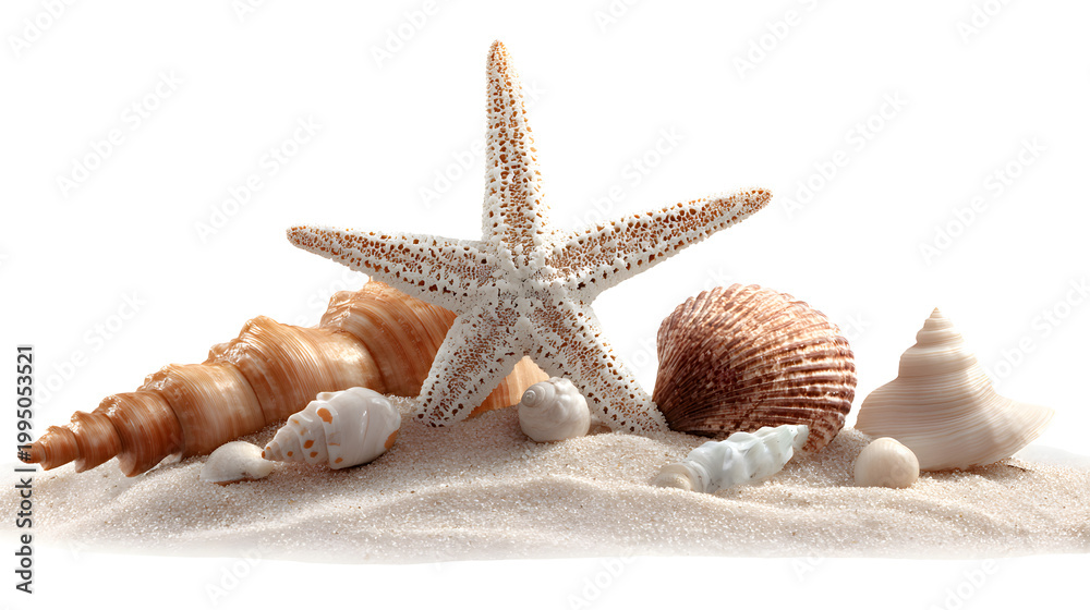 Fototapeta premium Ultra realistic HD starfish and shells on sand arrangement, isolated on white background