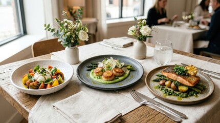 Restaurant dishes with simple fresh ingredients, elegant culinary composition for menu, catering, and gourmet dining concepts on clean table setting, natural light, refined realistic detail, no logos