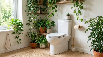 White toilet decorated with green leafy plants, eco bathroom concept, fresh interior styling, clean minimal composition, bright natural light, realistic detail, no logos