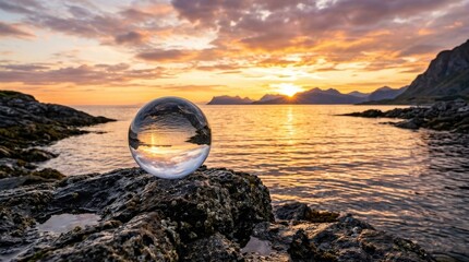 Crystal ball on a rocky surface reflecting a serene sunset scene, mystical landscape concept with mirrored sky and golden light, realistic detail, no logos