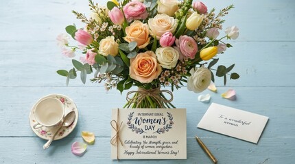 Bouquet of spring flowers on pastel blue table, flat lay greeting card for International Women's Day with fresh floral elegance, realistic detail, no logos