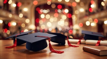 Graduation caps with red tassels and red bokeh lights, academic celebration background with festive glow and achievement concept, no logos