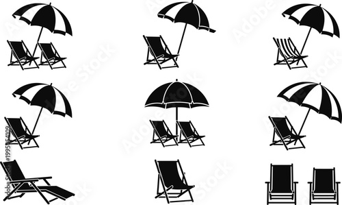 Summer Beach Vacation Icon Set Featuring Black Silhouette Deck Chairs and Sun Umbrellas for Travel Tourism Leisure and Seasonal Holiday Graphic Design