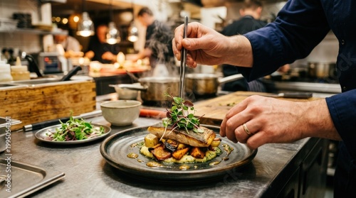 Two hands garnishing a steaming dish with fresh microgreens, chef plating concept, gourmet cuisine preparation, warm kitchen atmosphere, realistic food detail, no logos
