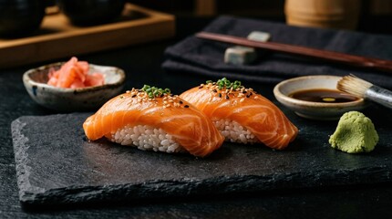 Two pieces of fresh salmon sushi on a dark stone surface with sesame seeds, premium Japanese cuisine close up with clean gourmet plating, moody lighting, appetizing realistic detail, no logos