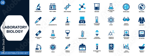 Laboratory biology icon set. Science research, chemistry, molecular analysis, microscope, medical experiment, education tools. Icons collection. Vector.