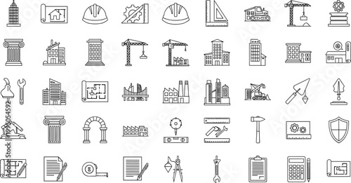 Construction Engineering Line Icon Set Featuring Buildings Tools Crane Blueprint Helmet Architecture Planning Equipment Symbols for Industrial Project Management Vector Collection