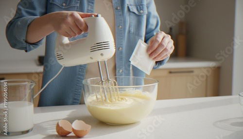 Photography A close-up shot of a person using an electric hand mixer to blend batter in a glass bowl while holding a small ingredient packet in a bright kitchen