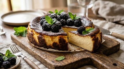 Basque cheesecake with blackberries and mint on a wooden board, rich baked dessert with creamy texture and elegant rustic presentation, soft light, realistic food detail, no logos