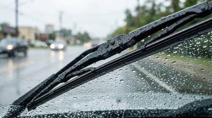 Windshield wiper close up with water droplets after rain, automotive detail and wet weather driving concept, clean glass surface and fresh moisture texture, realistic macro focus, no logos
