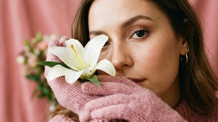 Fashion close up of a woman's eye and hand in pink knit gloves holding a white lily against a pink background, editorial floral beauty with cozy textures and modern style, soft light, no logos