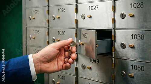 Man opening bank safety deposit box with key. Security and protection of valuables. Financial wealth storage in metal locker. Confidential asset management and private investment concept.