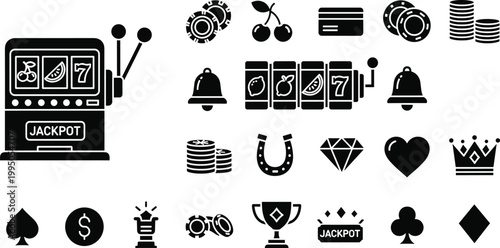 Casino Gambling Icon Set Featuring Slot Machine Chips Cards Jackpot Symbols Horseshoe Crown Diamond and Poker Elements for Gaming Entertainment Vector Illustration Collection