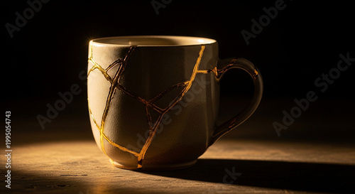 Japanese Kintsugi Ceramic Mug with Gold Lacquer Repairs on Rustic Wood Surface