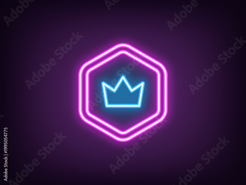 Outline neon royal token, magenta blue. Neon crypto token with crown icon. Royal crypto coin, win virtual money, game chip reward, cryptocurrency award, digital token and altcoin. Vector