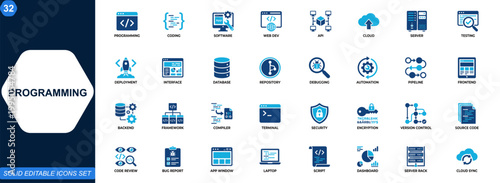 Programming and coding icons set. Web development, software, API, cloud, server, testing, deployment workflows. Icons collection. Vector.