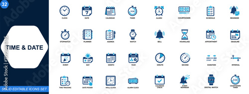 Time and Date Icons Set. Calendar, clock, alarm, timer, countdown, schedule, reminder, stopwatch icons collection. Vector.