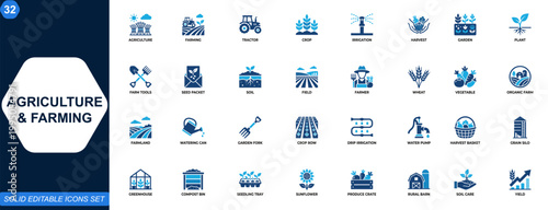 Agriculture and farming icons collection. Tractor, crop, irrigation, harvest, rural tools. Icons collection. Vector.