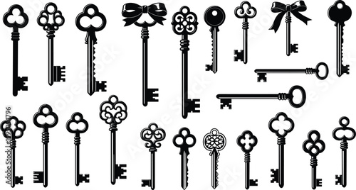 Vintage Antique Key Silhouette Collection Featuring Decorative Skeleton Keys with Ornamental Classic Shapes for Lock Security History Design Vector Illustration Set