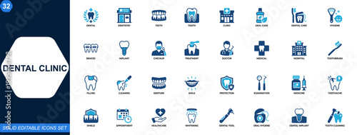 Dental clinic icon set. Dentistry, teeth, tooth care, oral hygiene, braces, implant, checkup, treatment, medical clinic, dental tools. Editable icons collection. Vector.